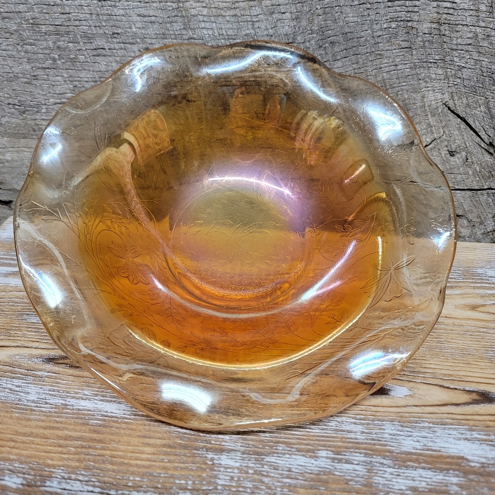 Carnival Glass, Amber, Depression, Iridescent Ruffled Edge Jeannette Floragold L